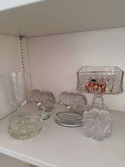 Two glass bear paper weights, glass, ashtray, covered box, candy jar with no lid, crystal figurine￼ image