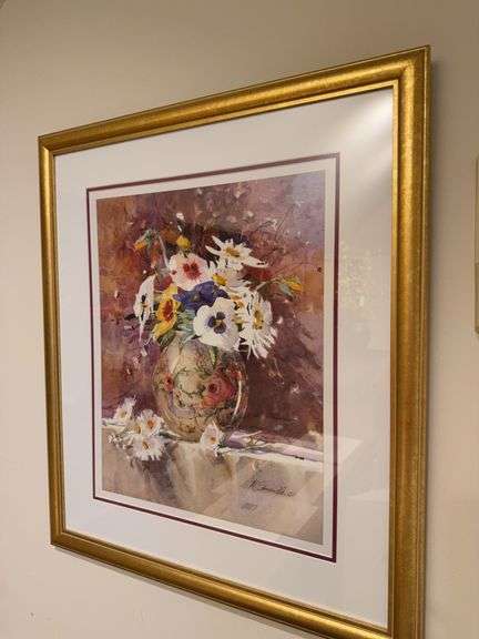 Watercolor by M. Sinandle, matted and framed 25”w x 29”h image