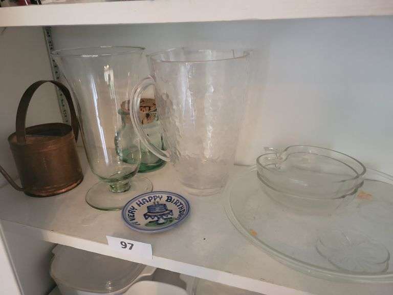 Clear Glass Collection, MA Hadley "A Very Happy Birthday" small dish, acrylic Pitcher, Copper Watering Can, image