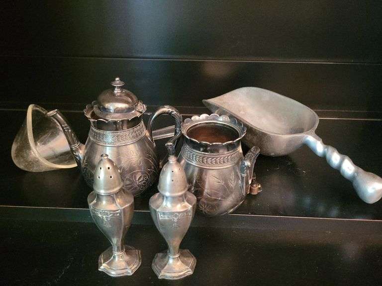 Vintage Poole Astor Salt and Pepper Shakers, Pairpoint Sugar and Creamer, Metal Utility Scoop, Acrylic Punch Bowl Ladle image