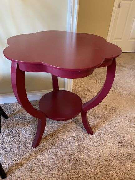Wood accent side table with 3 legs, 24”d x 25.5”h