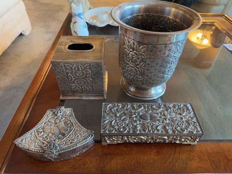 Silver metal tissue holder, waste basket, jewelry box, covered box