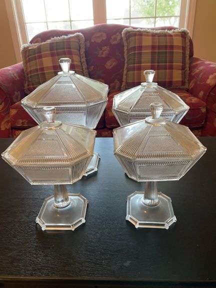 4 compotes with lids, 2-9”, 1-11”, 1-12”, “Pleat and Panel” pattern