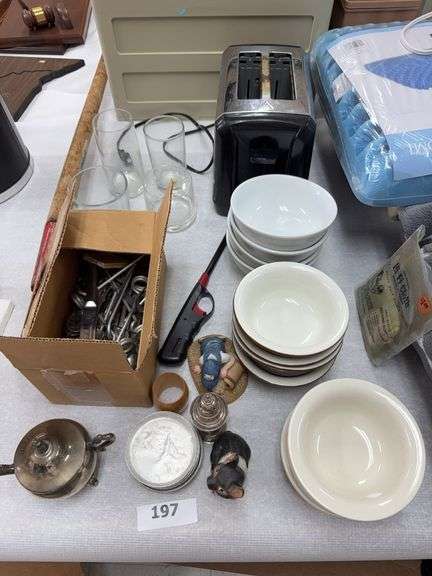 Gorham sterling salt shaker, 4 Hall bowls, 3 Oneida bowls, toaster, glasses, flatware image