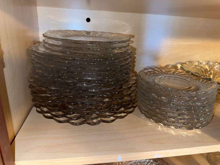 Cambridge Caprice clear glass plates and saucers, footed bowl, 3 square dishes with handles