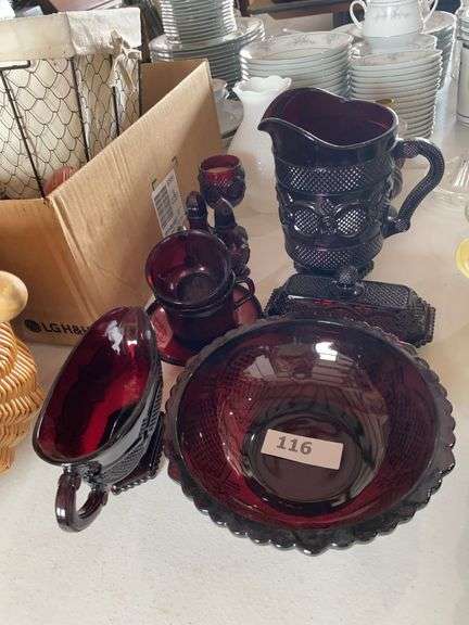 Avon Cape Cod ruby red dishes and milk glass pieces image