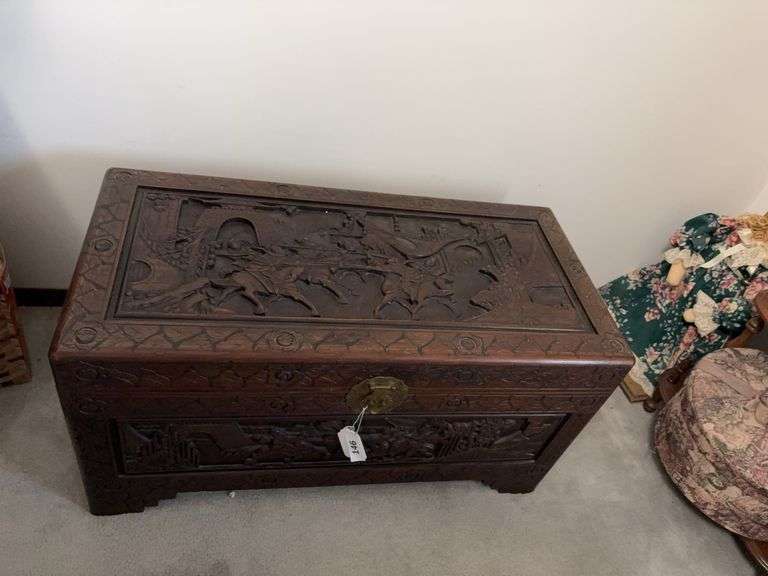 Carved wood trunk w/ half liner( excludes contents) image