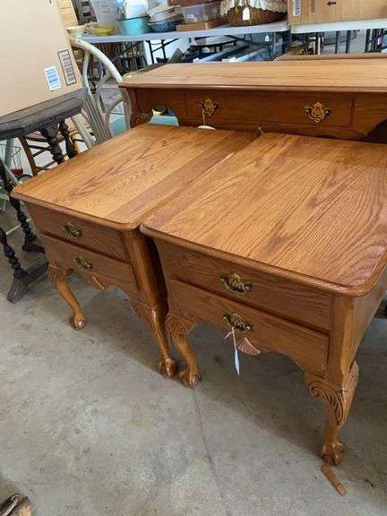 Pair of oak side tables with 2 drawers, 23”w x 27”d x 24”h image