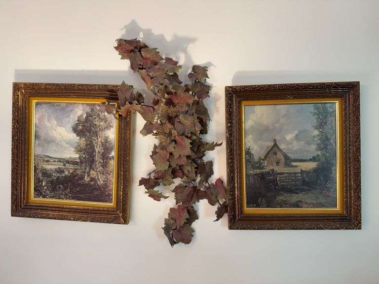 2 framed prints on board 16" x 19", faux leaves image