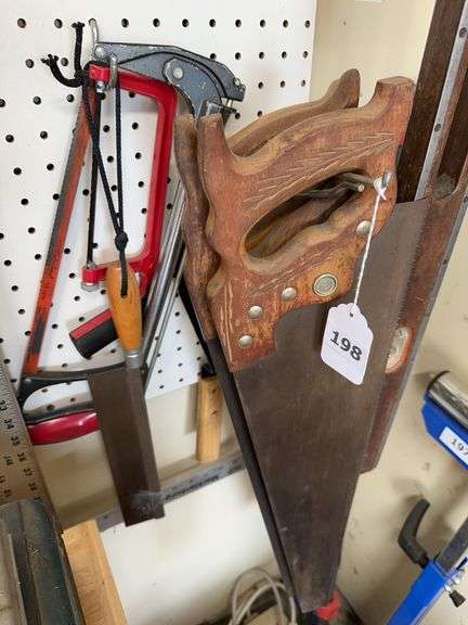 3 hand saws, 2 hacksaws, miter saw, handheld sane image