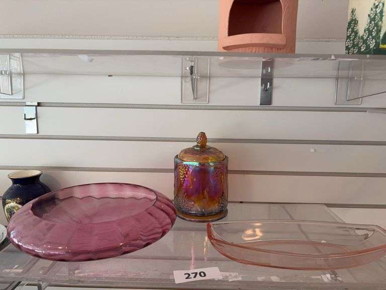 Carnival covered jar, 2 pink dishes image