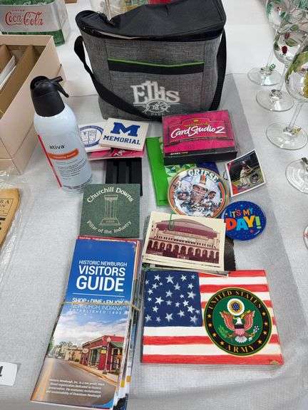 Ellis park cooler, coasters, Griese plates, cleaning duster, vintage newspapers, Princess Diana Newsweek, Paul Horning auto. picture, plaques image