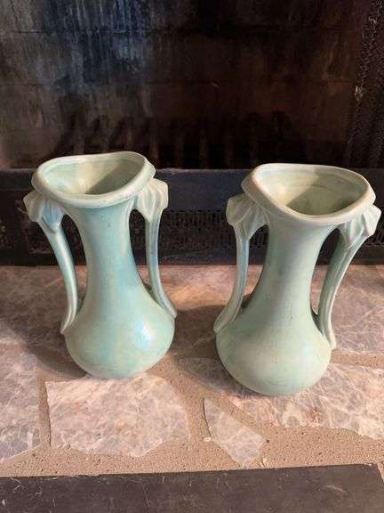 Pair of vintage Art Deco McCoy Pottery double-handled vase in a matte aqua