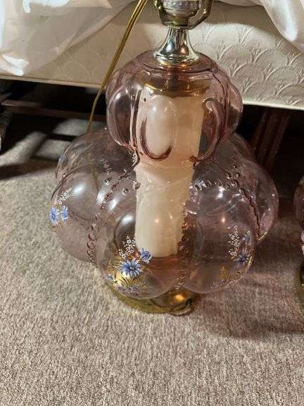 Pair of pink glass lamps with floral design image