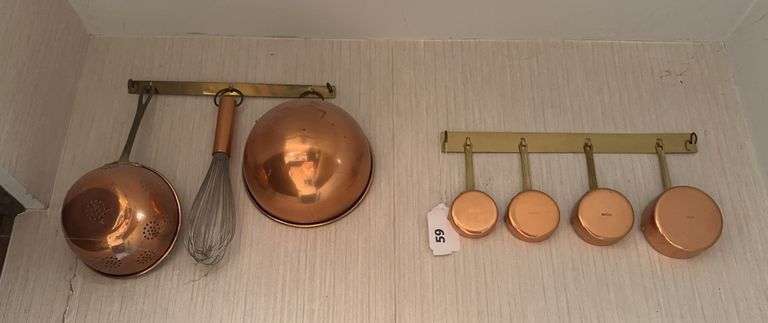Copper measuring cups, bowl, whisk, strainer image
