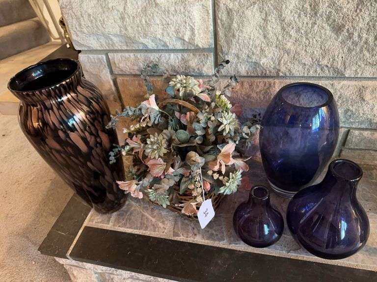 Purple glass vases, floral arrangement, large Italian art glass vase