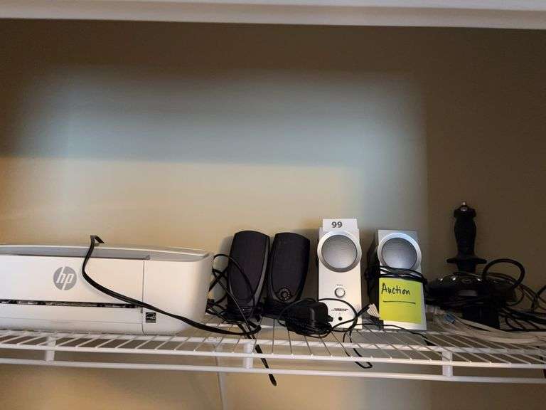 Bose computer speakers, hp printer, joy stick, speakers image