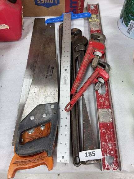 Level, wrenches incl. Ridgid 24, saws, chisel, crow bar image
