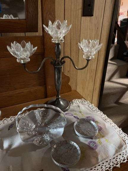 Aluminum basket and coasters , 3 stem Godinger candelabra image
