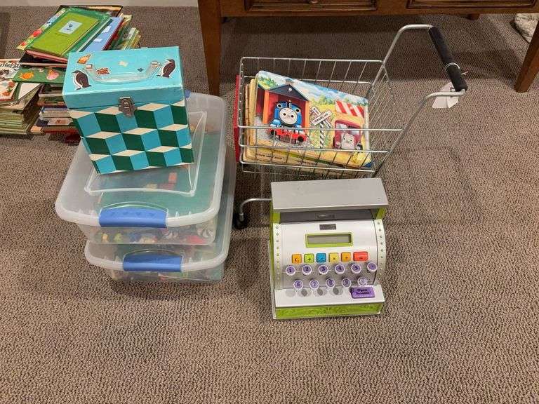 Child’s grocery cart, cash register, misc toys image