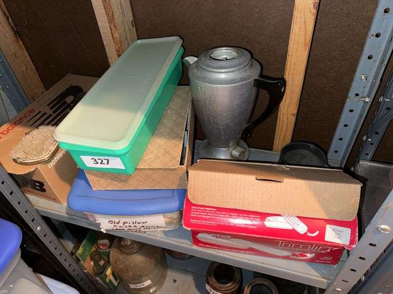 Aluminum coffee pot, telephone, pillow shams, bobby pins image