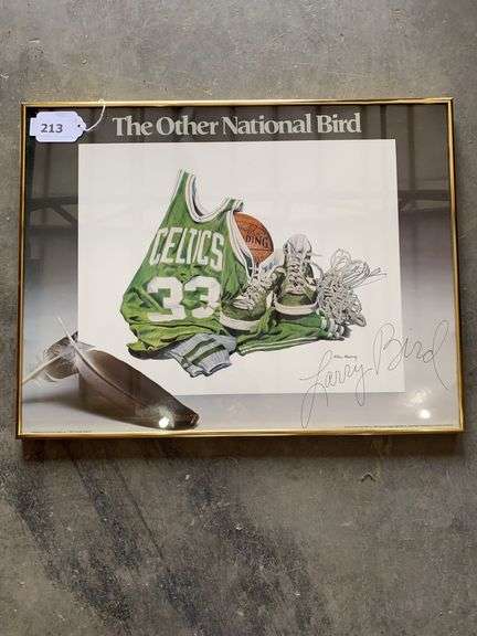 Framed Celtics Poster signed by Larry Bird and Walt Disney Never A Dull Moment movie poster image