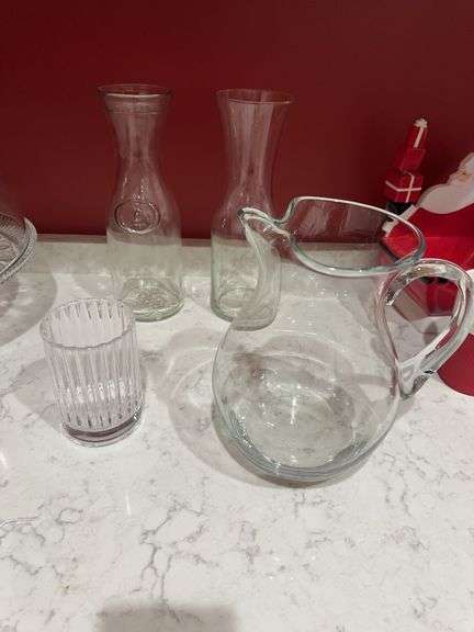 Glass pitcher, 2 glass carafes, small glass vase image