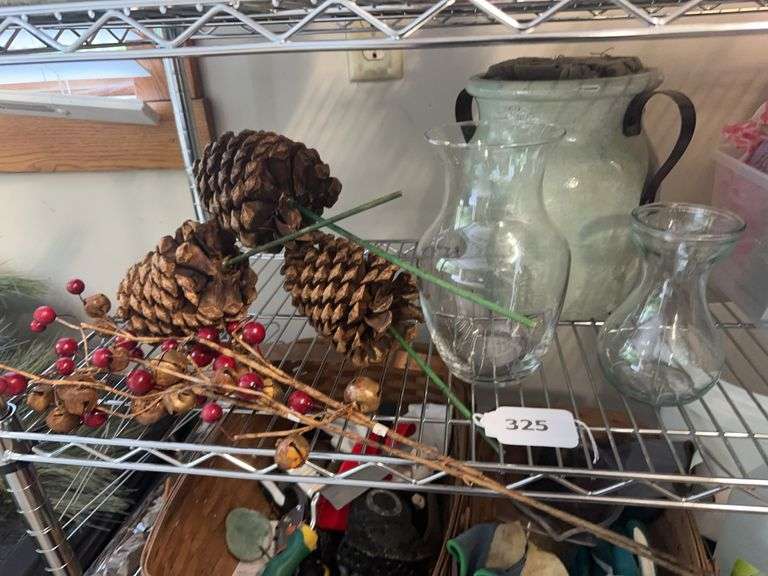 2 glass vases, ceramic vases, pine cones image