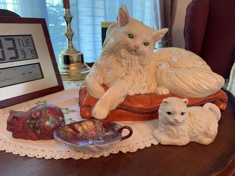 Large ceramic cat 13" w, small porcelain cat, purple dish & cat image