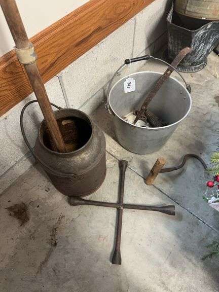 4 way lug wrench, hay hook, edger, metal bucket, can image