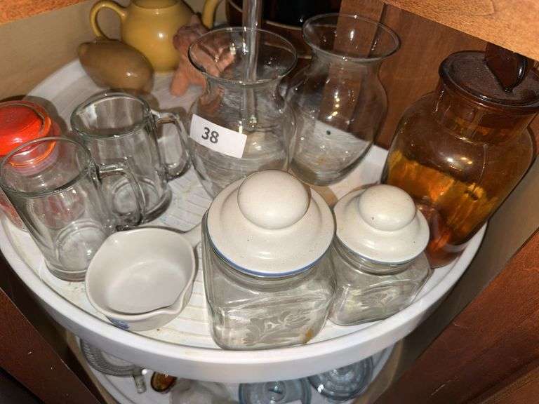 Vases, beer mugs, Pfaltzgraff sauce dish, Pfaltzgraff canisters, amber canister (broken)