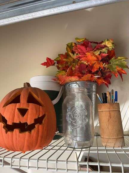 Misc fall and manger scene decor, water jug, glass jar, wooden pencil holder image