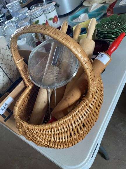 Rolling pin collection in wicker basket with strainer image