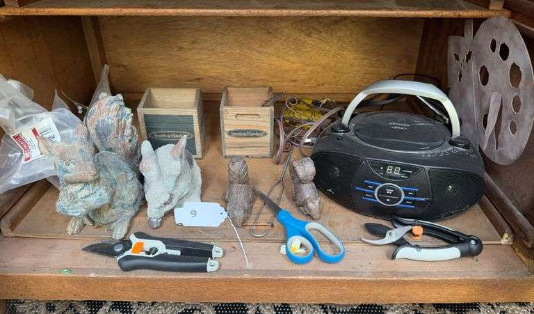 Jensen radio/CD player, metal squirrels, pruners, scissors, wood boxes image