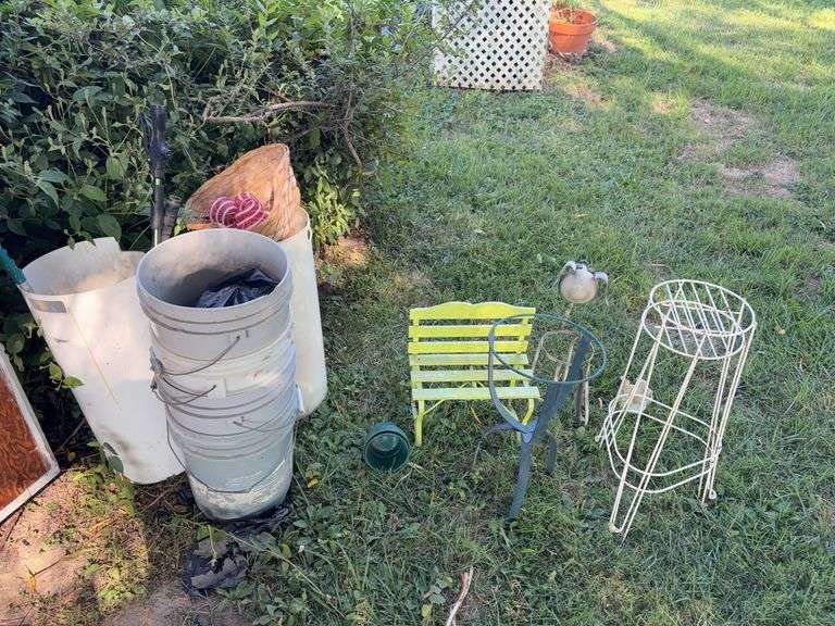 Wire plant stands, mini bench , buckets, sprinkler wands image