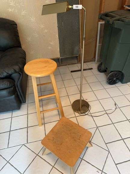 Brass floor lamp, stool, foot stool image