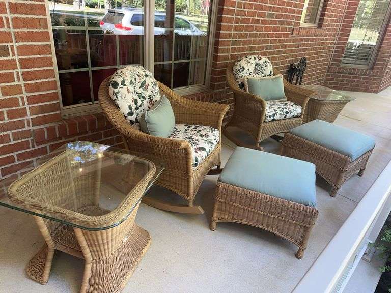2 Ebel Furniture all weather wicker rocking chairs with footstools, 2 glass top tables image