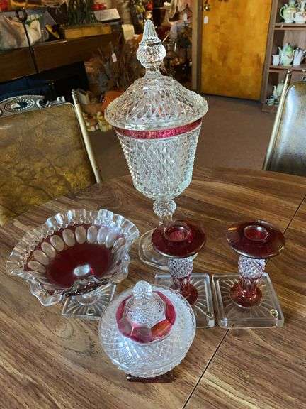 Clear with cranberry trim lidded compote, Westmoreland candlesticks, lidded candy dish, ruffled edge compote image