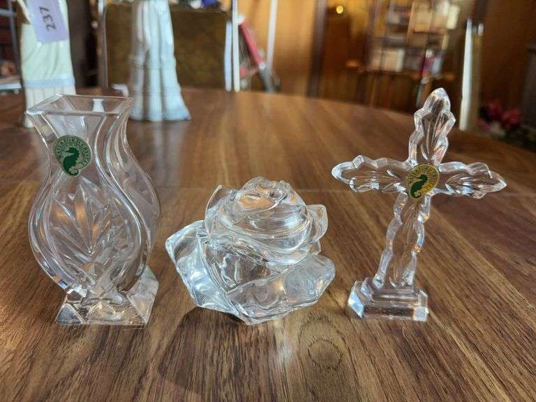 3 Waterford pieces: vase 5", cross 5.5" & rose covered dish 3.5" image