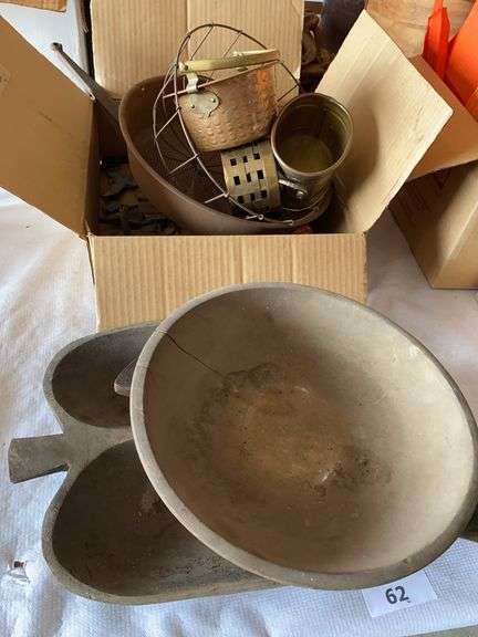 Wood dishes, copper and brass items, vintage tools image