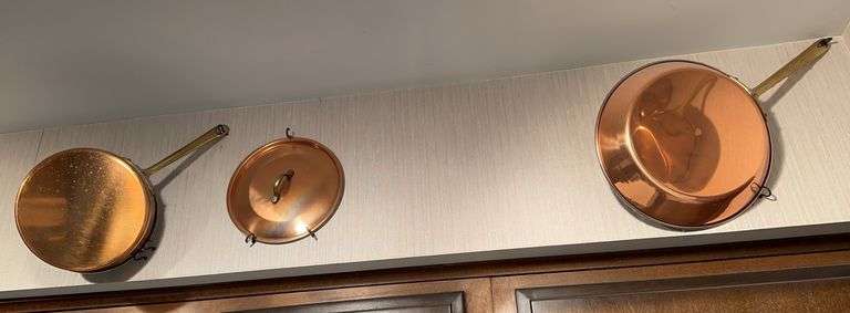 2 copper skillets, skillet and pan, 3 molds image