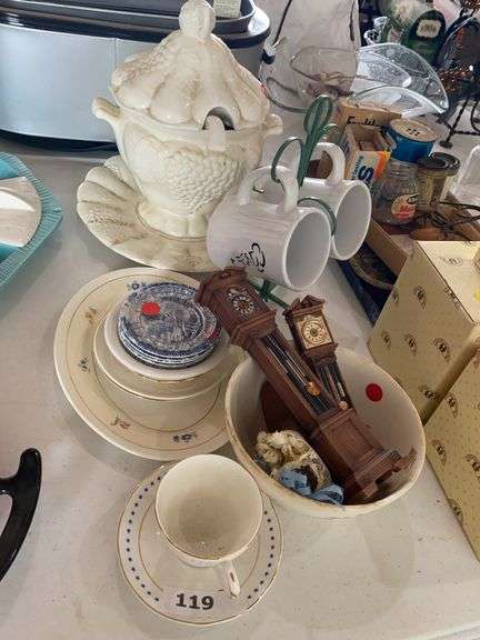 Ceramic soup tureen, mugs, misc plates & decor image