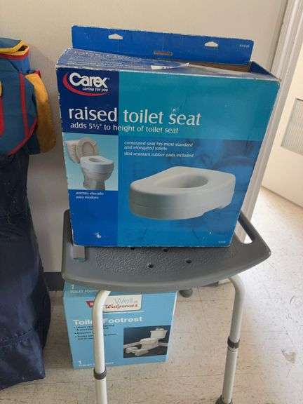 Shower chair, raised toilet seat, foot rest image