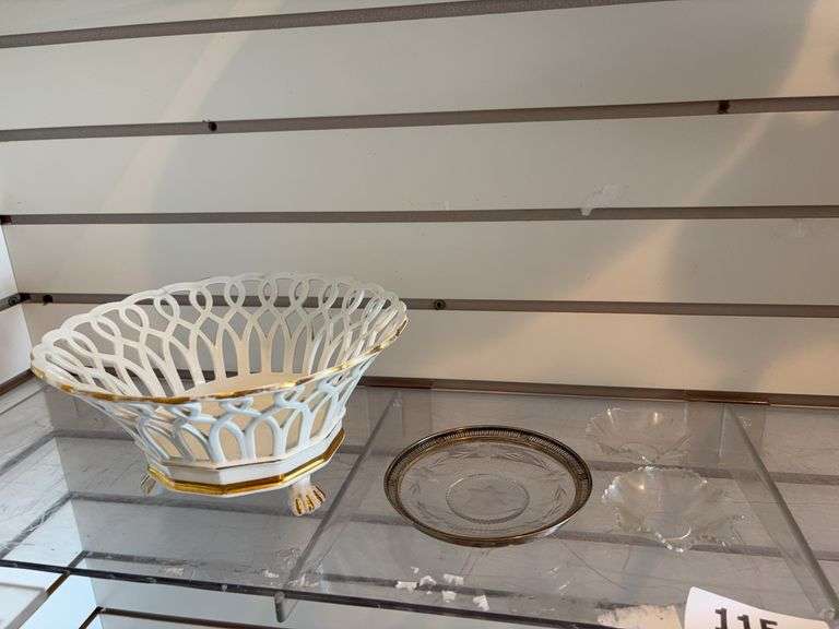 Sterling rimmed etched dish, porcelain footed bowl, 2 candle stick wax collectors image