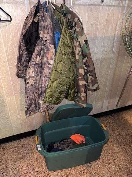 Size small hunting coats, plastic tub image