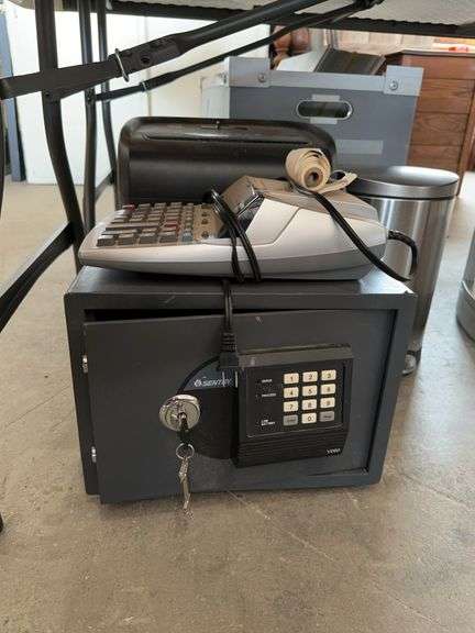 small Sentry Safe (working condition unknown Key Present), Paper Shredder, small waste basket, calculator image