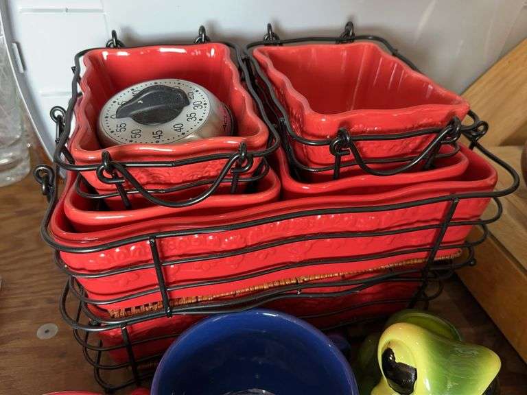 Temptations Country Lace bakeware set, misc mugs, Ceramic frogs, Powell & Hyde Side Car dish & Music box, Glass & Ceramic Pie dishes image