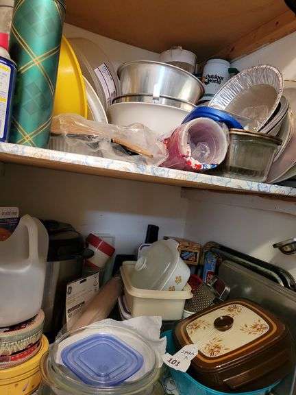 Kitchen Utensils, Pans, misc (2 top shelves) image