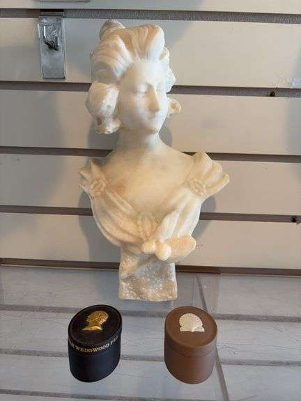 Alabaster statue, 2 small wedgewood boxes image