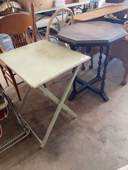 2 vintage tables, 1 folding 20” x 26” x 28”, 1 octagon 26”d x 30”h image